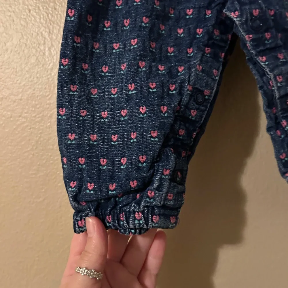 Vintage OshKosh B'Gosh Denim Vestbak Pink Tulip Floral Embroidered Overalls 6-9M